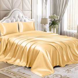 Homiest 4Pcs Satin Sheets Set Luxury Silky Satin Bedding Set With Deep Pocket, 1 Fitted Sheet 1 Flat Sheet 2 Pillowcases (King Size, Gold)