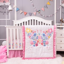 La Premura Pink Floral Butterfly Nursery Crib Bedding Set, 4 Piece Standard Size Crib Bedding Sets For Girls, Pastel Pink Baby Blue