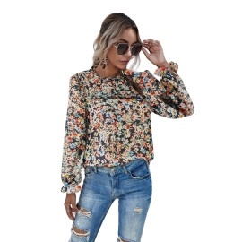 Romwe Womens Floral Print Flounce Long Sleeve Mock Neck Work Blouses Tops Multicolor Floral Print S