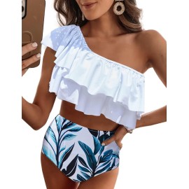 Vimpunec Ruffle One Shoulder Swimsuits For Women Leaf Print High Waisted Two Piece Bathing Suits
