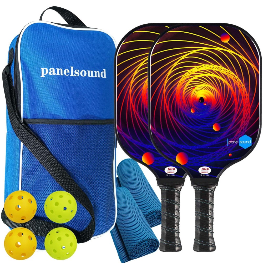 Panel Sound Pickleball Paddles Set Of 2, Usapa Approved Fiberglass Pickleball Rackets With 1 Carrying Case, 2 Cooling Towels, 2 Outdoor Balls & 2 Indoor Balls