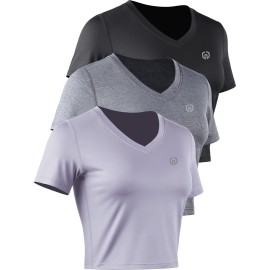 Neleus Womens 3 Pack Running Shirt Workout Athletic Crop Shirts,8101,Blackgreylight Purple,2Xl