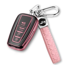 Qbuc For Toyota Key Fob Cover With Keychain Tpu Suitable For 2018-2022 Toyota Camry Rav4 Avalon C-Hr Corolla Highlander Gt86 (Style 1-Pink)