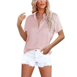 Omsj Womens Button Down Shirts Satin V Neck Short Sleeve Casual Work Blouse Tops With Pocket (1207M, S-Pink)