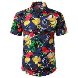 Jogal Mens Flower Casual Button Down Short Sleeve Hawaiian Shirt Navy Multicolor Medium
