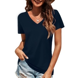 Elesomo Short Sleeve Tops For Women Summer Vneck Cotton Tshirt, Navy Blue Xl