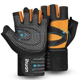 Ihuan Ventilated Weight Lifting Gym Workout Gloves With Wrist Wrap Support For Men & Women, Full Palm Protection, For Weightlifting, Training, Fitness, Hanging, Pull Ups (Orange, M)