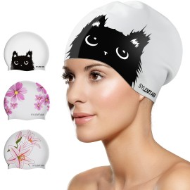 Sylemtam Swim Cap Women, Silicone Swimming Caps For Long Hair Anti Slip Waterproof Swim Caps For Womens Adult, Comfortable Bathing Cap Swimming Hats Fit For Curly Short Medium Thick Hairs (Cute Cat)