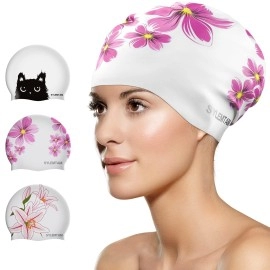 Sylemtam Swim Cap Women, Silicone Swimming Caps For Long Hair Anti Slip Waterproof Swim Caps For Womens Adult, Comfortable Bathing Cap Swimming Hats Fit For Curly Short Medium Long Thick Hairs (Daisy)