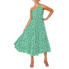 Zesica Womens 2023 Bohemian Summer Floral Print One Shoulder Sleeveless Smocked Ruffle Tiered Beach Long Midi Dress,Lightgreen,X-Large