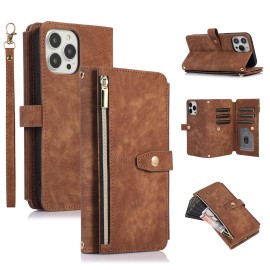 Ueebai Case For Iphone 12Iphone 12 Pro 61 Inch, 9 Card Slots Retro Leather Wallet Shockproof Flip Cover With Hand Strap Card Slots Zipper Pocket Kickstand Handbag Magnetic Closure - Retro Brown