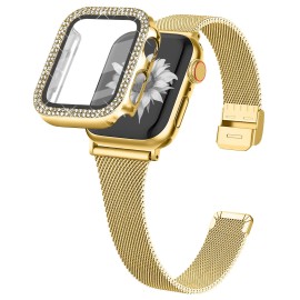 Joyozy Slim Stainless Steel Band Compatible With Apple Watch 38Mm 40Mm 41Mm 42Mm 44Mm 45Mm Milanese Strap With Bling Glitter Case Built-In Screen Protector Dressy Bracelet Band For Women (Gold 45Mm)