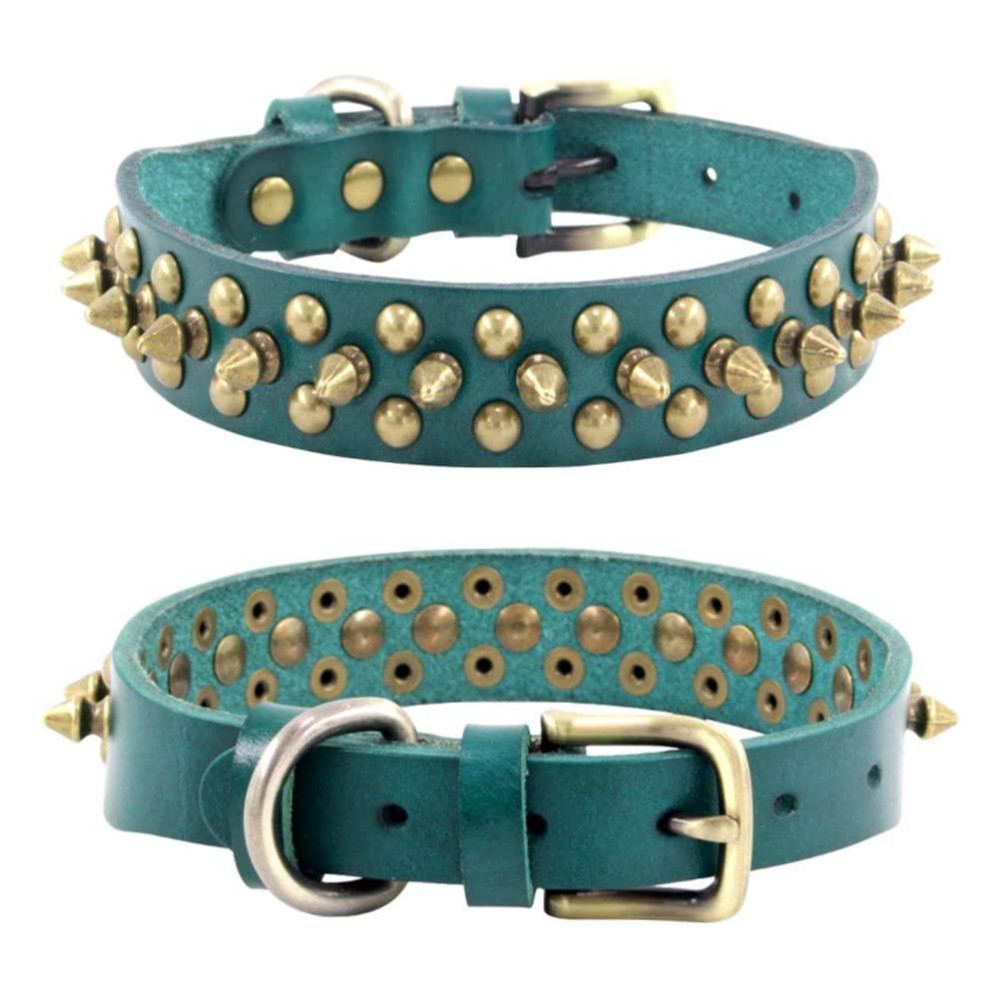 Spiked Dog Collar Soft First Layer Cowhide Leather Mushrooms Rivet Spike Studded First Layer Cowhideppy Adjustable Cat Collars Green L