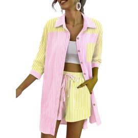 Zeagoo Womenas Two Piece Casual Tracksuit Outfit Sets Stripe Long Sleeve Shirt And Loose High Waisted Mini Shorts Set Pinkyellow Strips Small