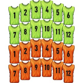24 Pcs Soccer Scrimmage Practice Vests Reversible Numbered Soccer Team Pennies With Belt For Adult Kids (Green, Orange)
