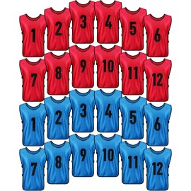 24 Pcs Soccer Scrimmage Practice Vests Reversible Numbered Soccer Team Pennies With Belt For Adult Kids (Red, Blue)