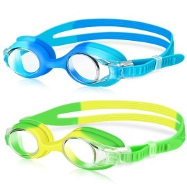 Starweh Kids Swim Goggles, 2 Pack Swimming Goggles No Leaking Anti Fog Kids Adjustable Goggles For Boys Girls(Age 6-14) Blue & Yellow Green