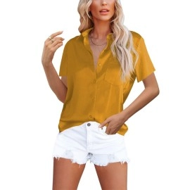 Omsj Womens Button Down Shirts Satin V Neck Short Sleeve Casual Work Blouse Tops With Pocket (1207Xxl, S-Yellow)