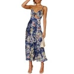 Dokotoo Womens Ladies Vintage V Neck Tie Front Satin Dresses Beach Floral Print Split Sundress Summer Holiday Spaghetti Strap Sleeveless Boho Cut Out Maxi Long Dress Blue Medium