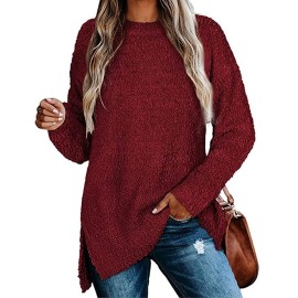 Womens Long Sleeve Knit Sweater Tunics Crew Neck Loose Winter Pullover Tops Dark Red, S