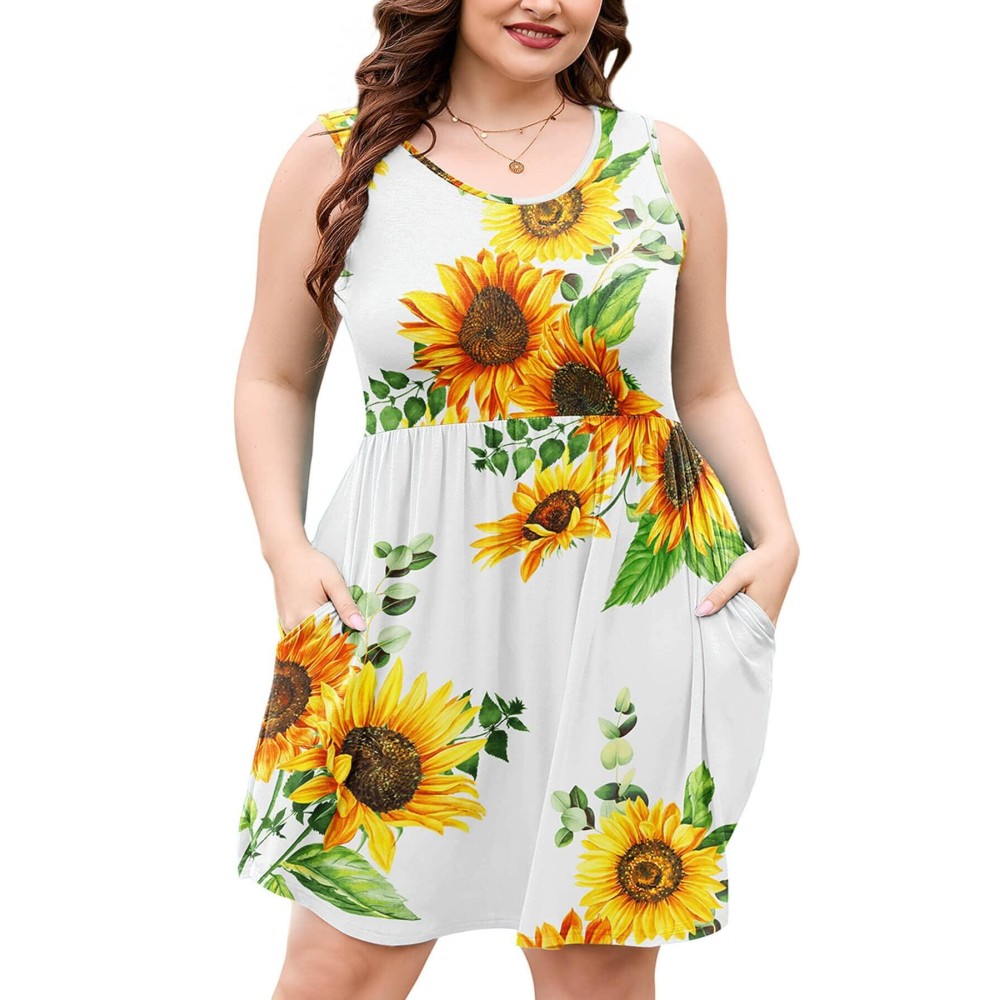 Auslook Plus Size Summer Tank Dress For Women Sunflower 4X Casual Sleeveless Crewneck Flowy Pleated Sun Maternity Tunic Dresses Babydoll Tshirt Swing Vacation Sundresses With Pockets