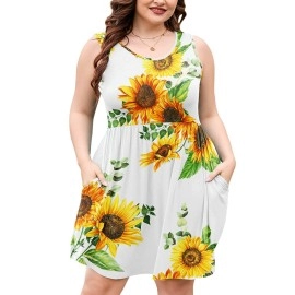 Auslook Plus Size Summer Tank Dress For Women Sunflower 4X Casual Sleeveless Crewneck Flowy Pleated Sun Maternity Tunic Dresses Babydoll Tshirt Swing Vacation Sundresses With Pockets