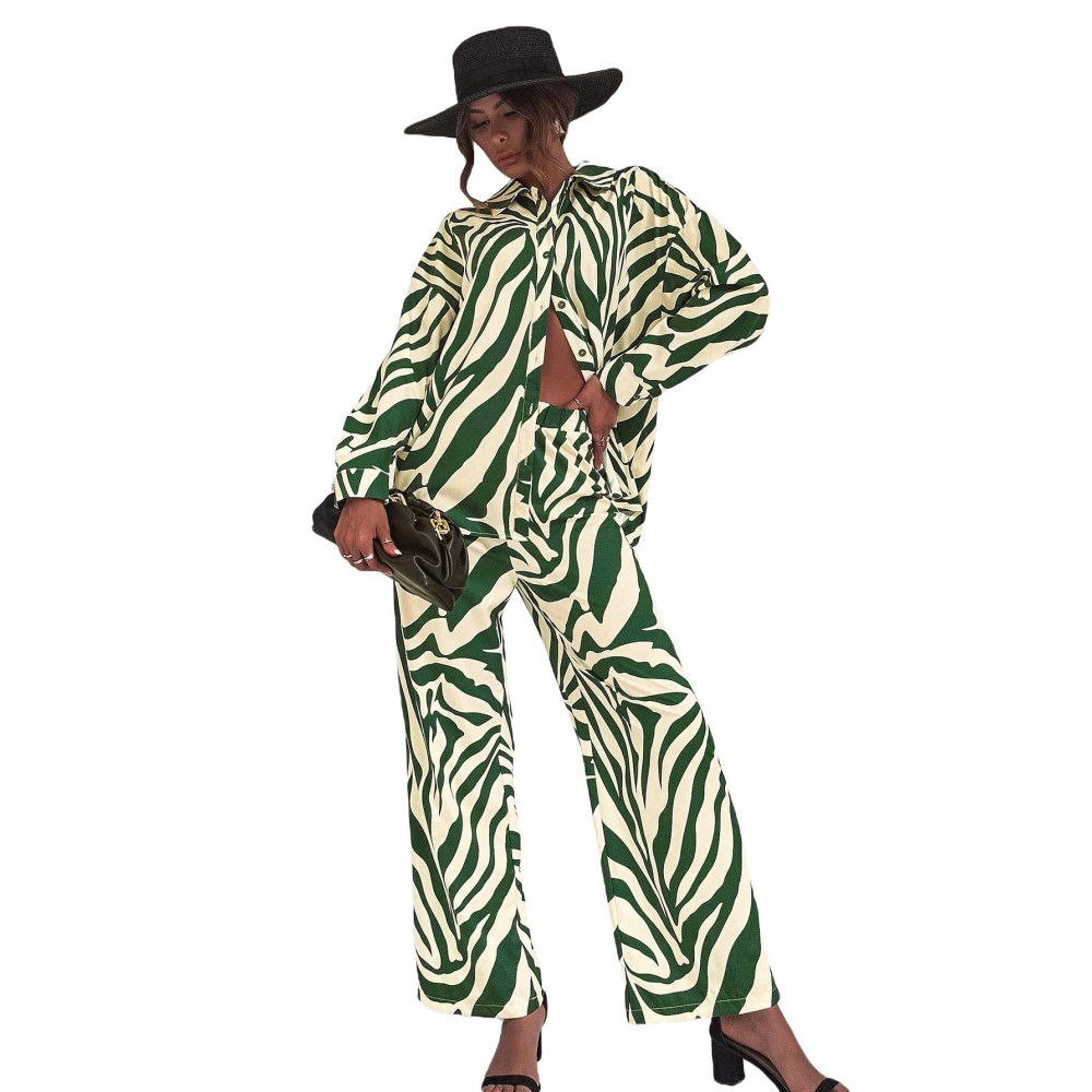 Floerns Womens 2 Piece Outfits Slit Hem Longline Blouse And Wide Leg Pants Set Green Zebra M