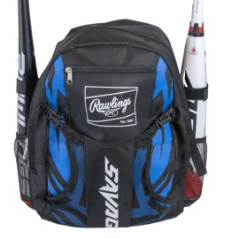 Rawlings Savage Youth Baseball Bag - Kids Bat Bag - Durable Baseball Backpack - Holds Two Bats - Includes Hook To Hang On Fence - Black/Royal