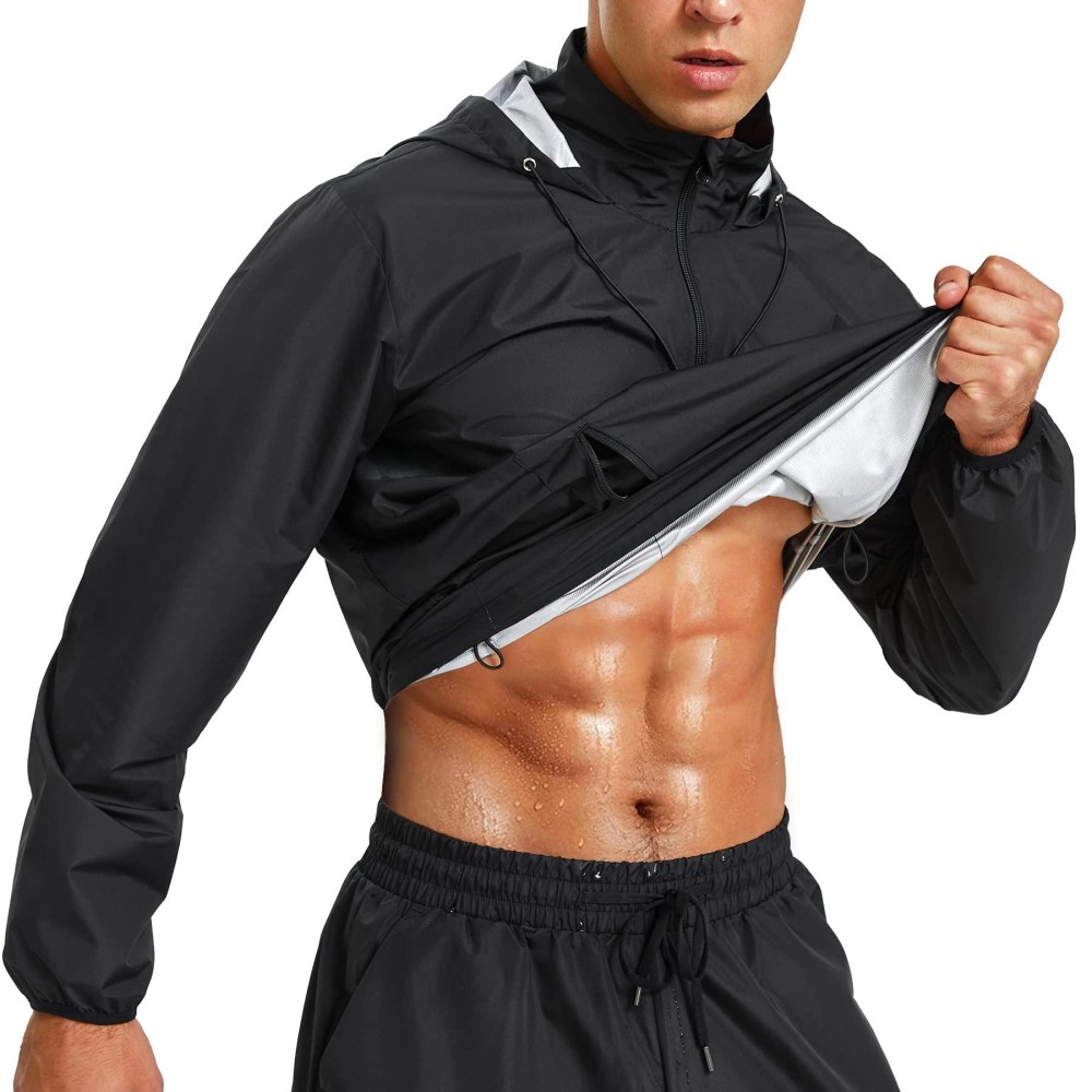 Junlan Sauna Suit For Men Sweat Jacket Long Sleeves Sweat Suit Mens Sauna Shirt For Workout Sports(Black Jacket, Medium)