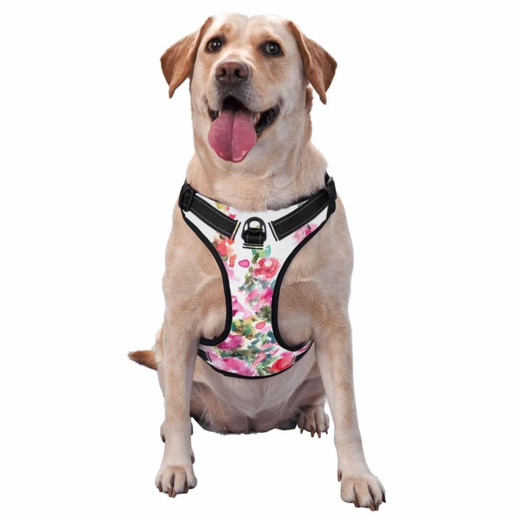 Zaueky Watercolor Floral Dog Harness For Medium Dogs Colorful Flower Landscape Spring Hollyhocks Field No Pull Adjustable Comfortable Padded Reflective Vest With A Leash Size M