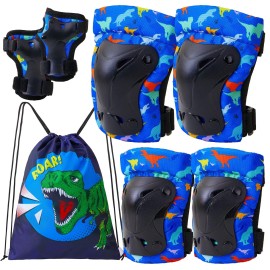 Fioday Knee Pads For Kids Dinosaur Knee Elbow Pads Wrist Guards With Drawstring Bag Adjustable 7 In 1 Protective Gear Set For Boys Inline Skating Bike Cycling Skateboard Scooter, 3-8 Years, Deep Blue