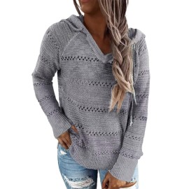 Blencot Womens Autumn Drawstring Long Sleeve Pullover Sweatshirts Fashion V Neck Knitted Tops Hoodies Sweater Gray S