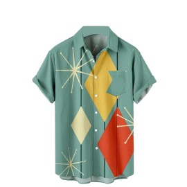 Mens Hawaiian Shirts Short Sleeve Bowling Geometric Printed Button Down Shirt Summer Funky Aloha Beach Shirts