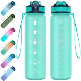 Eyq Leak Proof Water Bottle, 1L Sports With Straw & Time Marker Tritan Bpa Free Bottle- Mintgreen