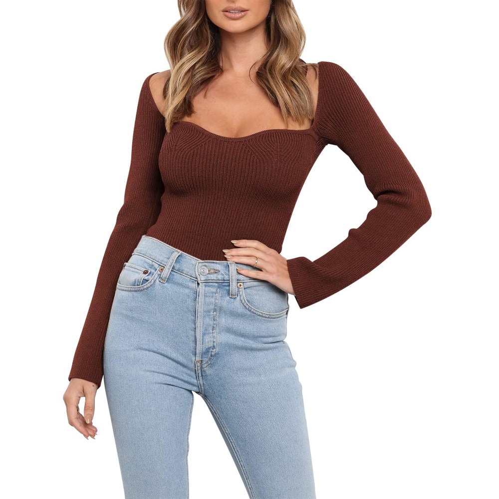 Anrabess Womens Long Sleeve Sweetheart Neck Stretch Ribbed Knit Slim Fit Crop Sweater Top 657Zhuanhong-Xl Rust