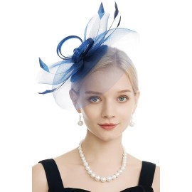 Myjoyday Womens Fascinators Hat For Tea Party Church Cocktail, Feathers Veil Headband With Hair Clip (Navy Blue)
