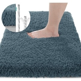 Yimobra Fluffy Plush Bath Rug, Super Shaggy Soft Comfortable Non Slip, Water Absorbent Bath Mat, Dries Quickly, Machine Washable Thick Bathroom Floor Rugs For Shower, 32X20, Pure Denim Blue