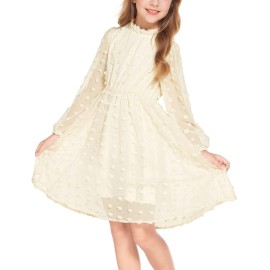 Flypigs Beige Dress For Teen Girls Long Sleeve Swiss Dots Round Neck Casual Dress With Elastic Waist Elegant Dress 11-12Y
