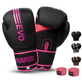Evo Fitness Matte Black Boxing Gloves Mma Muay Thai Martial Arts Kick Boxing Sparring Training Fighting Men Punch Bag Women Pink Gloves With Hand Wraps (8 Oz, Pink)