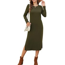 Naggoo Womens Casual Jersey Long-Sleeve Crewneck T-Shirt Dress Midi Length Army Green