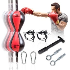 Mexican Style Double Double End Bag Boxing Kit- Double End Boxing Speed Bag- Punching Bag With Adjustable Cords- Installation Kit Carry Bag, Pump Included- Sturdy Punch Reflex Bag - Boxing Accessories