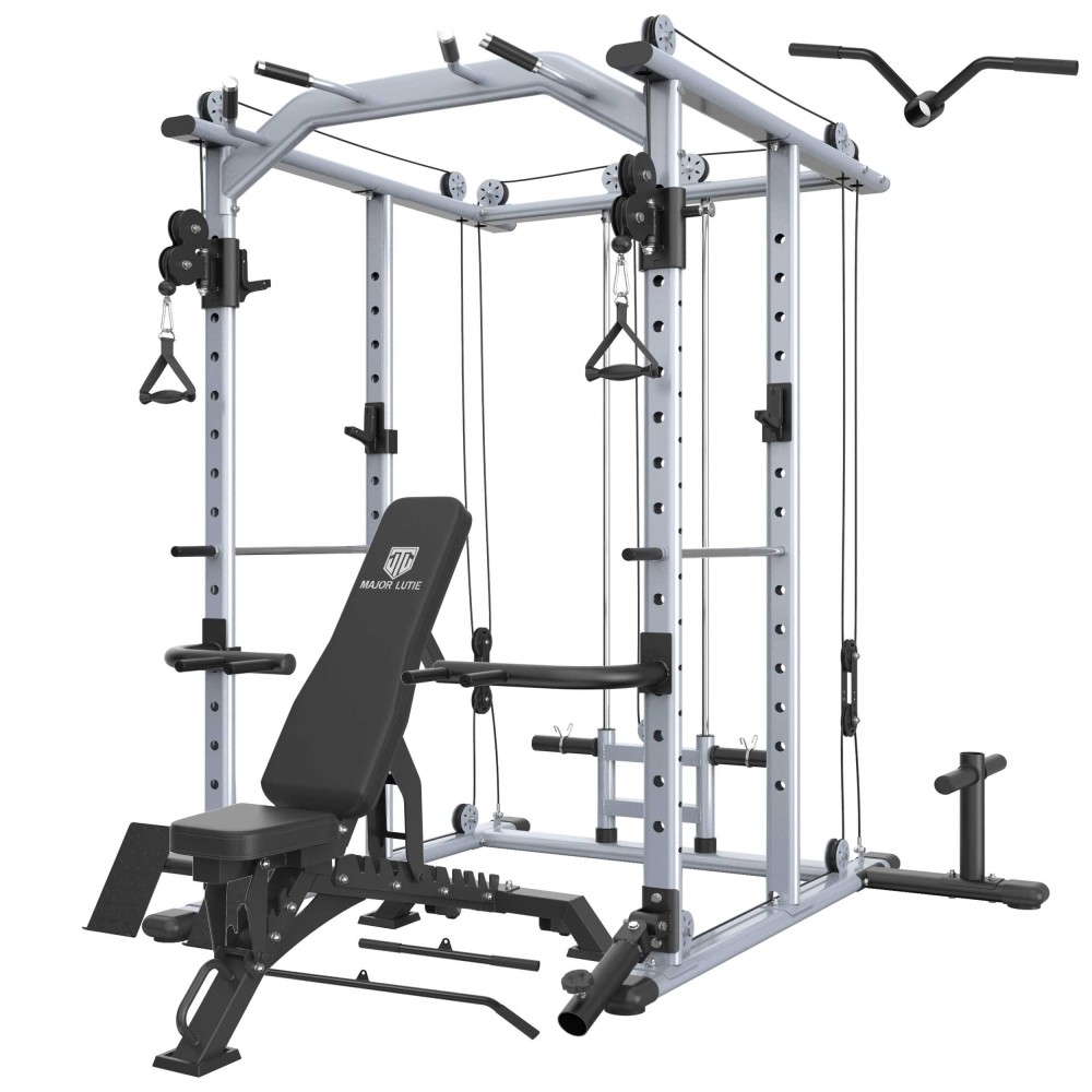 Major Lutie Power Cage With Weight Bench, Plm04 1400 Lbs Power Rack With Multi-Function Cable Crossover Machine And More Strength Training Attachment, Sliver Plm04- Power Cage With Weight Bench
