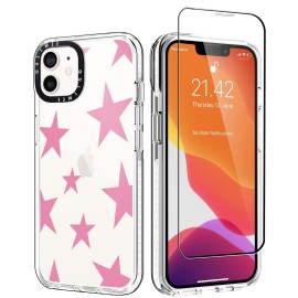 Gultmee For Iphone 12 Case Iphone 12 Pro Case 61Inch With Tempered Glass Screen Protector,Cute Stars Pink Print Slim Design With Shockproof Pc Bumper Protective Cover Clear Case For Women Girls Man