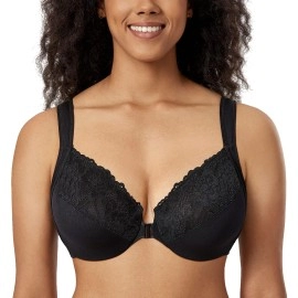 Delimira Womens Front Closure Bras Plus Size Lace Full Coverage Underwire Unlined Bra Black 40D