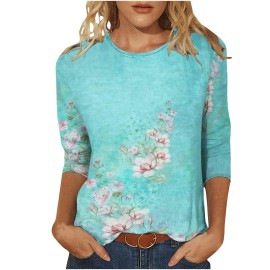 Summer 34 Sleeve T Shirt Cute Floral Pattern Top For Womens Three Quarter Sleeve Pullover Round Neck Tee