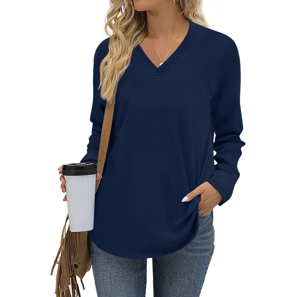 Anyhold Womens Fall Plus Size Long Sleeve Tunic Tops For Leggings V Neck Casual Loose Fit Blouse Shirt Large, Navy Blue