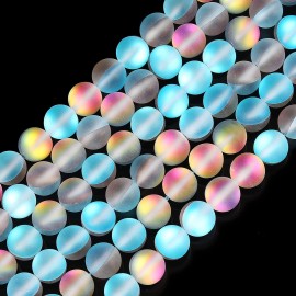 Matte Vitrail Medium Aquamarine Aurora Crystal Glass Beads, 10Mm Frosted Glitter Shining Mermaid Round Loose Beads, Rainbow Holographic Synthetic Moonstone For Jewelry Making Diy Bracelet