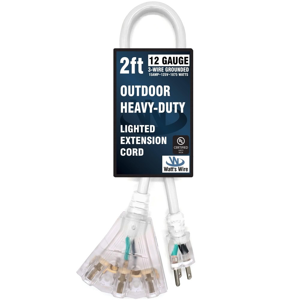 2 Ft - 12 Gauge Heavy Duty Outdoor Extension Cord - 3-Outlet Lighted Sjtw - White Heavy Duty Extension Cord By Watts Wire - Short 2 12-Gauge Grounded 15-Amp Power Cord (2 Foot 12-Awg White)