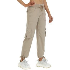 Mofiz Womens Cargo Joggers Pants Lightweight Athletic Outdoor Travel Hiking Quick Dry Pants Khaki L