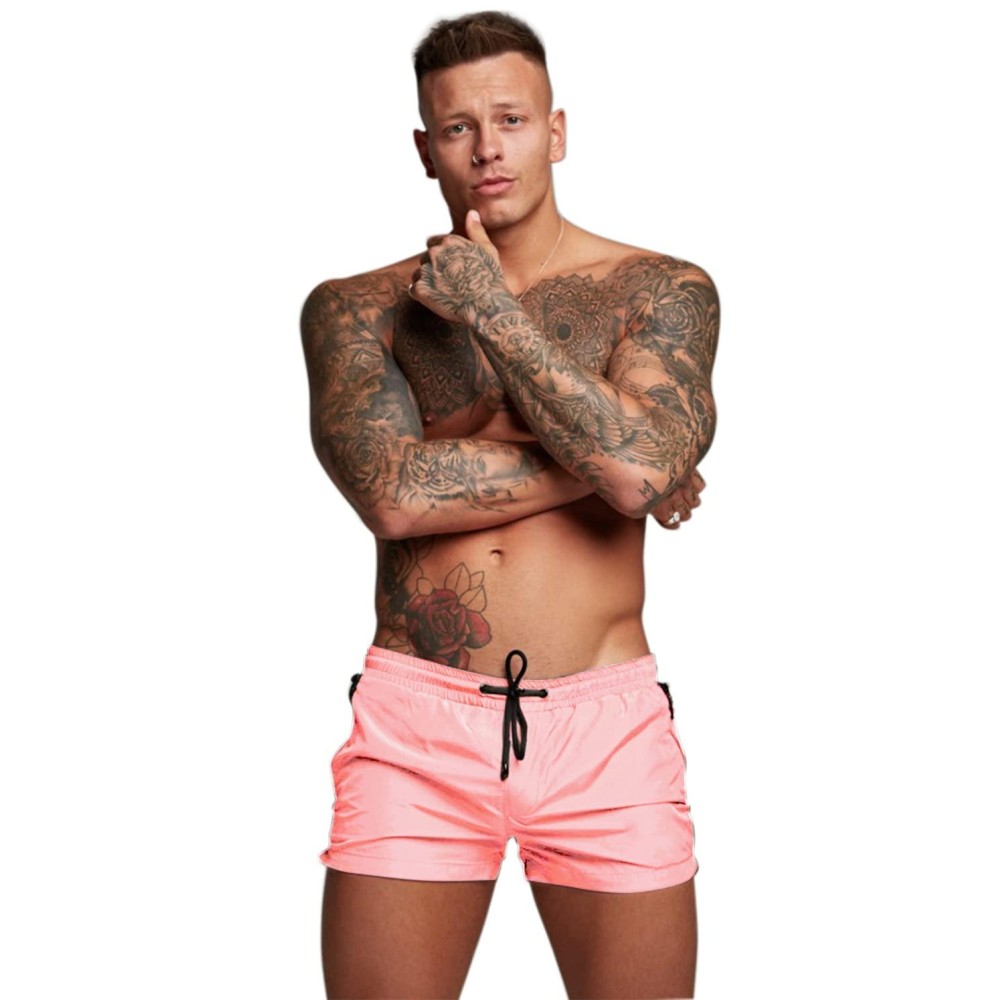 Mens Swim Trunks Quick Dry Swimwear Zipper Pockets, Swim Shorts With Mesh Lining Light Pink